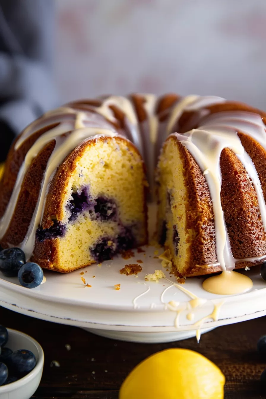 A cut-open blueberry bundt cake on a cake stand, with a slice removed revealing a moist crumb and berries inside.