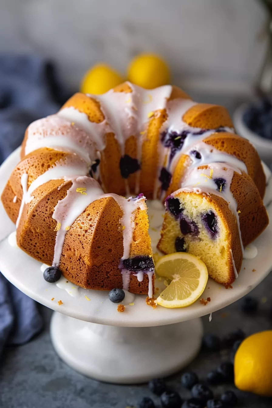 A freshly baked bundt cake with a golden brown crust, drizzled with a creamy glaze and garnished with lemon slices.