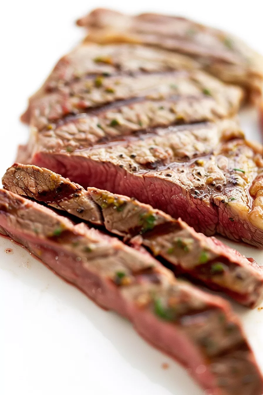 Close-up of perfectly broiled steak slices revealing a tender, juicy interior with a crispy seared crust.