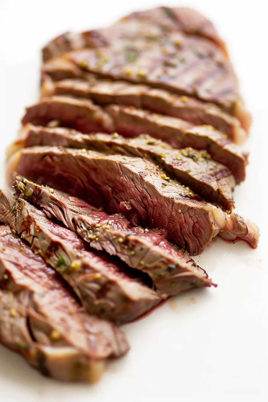 A platter showcasing broiled steak strips seasoned with herbs and spices, ready to serve.