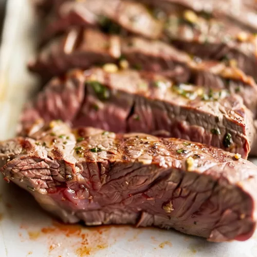 Thinly sliced broiled steak resting on a white cutting board, glistening with juices.