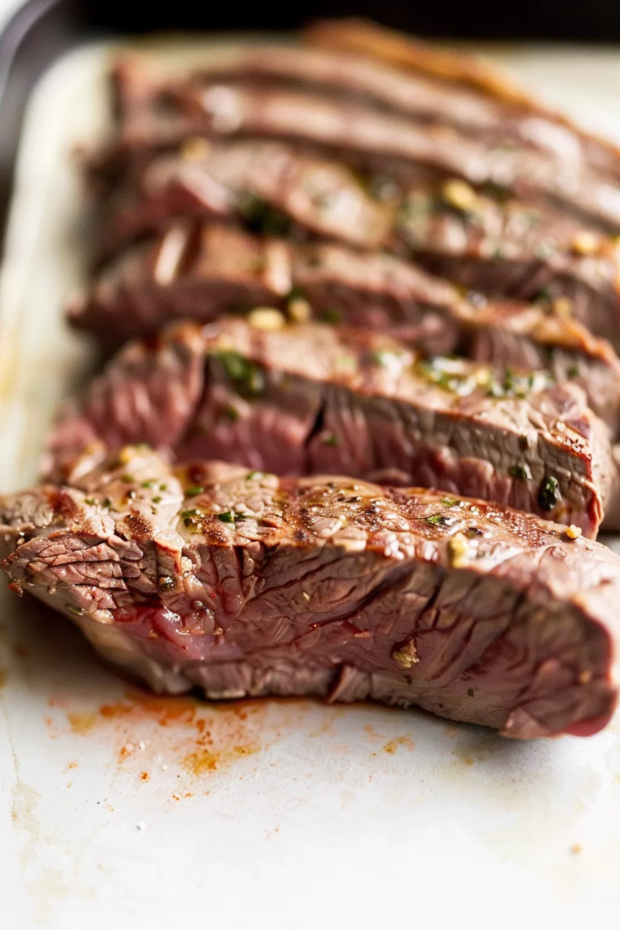 Thinly sliced broiled steak resting on a white cutting board, glistening with juices.