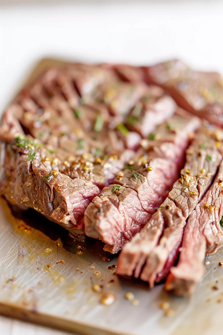 Broiled steak slices arranged in a slightly fanned-out presentation, emphasizing the medium-rare texture.