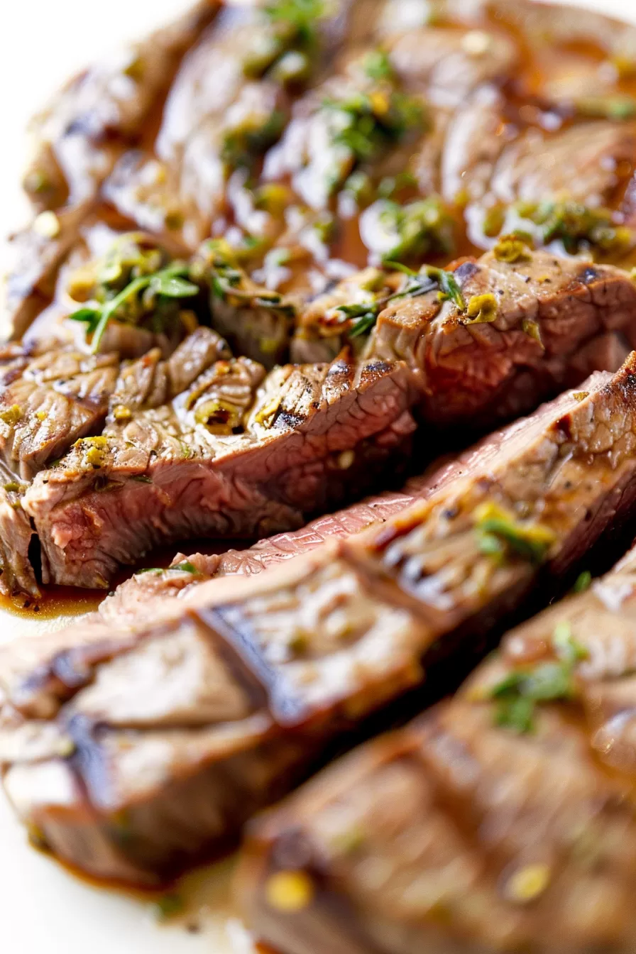 Succulent broiled steak, seasoned with fresh herbs and sliced to show off the juicy interior.