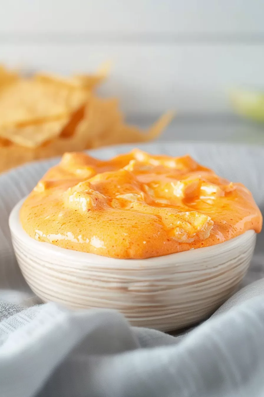 A bowl of cheesy, spicy Buffalo Chicken Dip with a scoop on a spoon, garnished with fresh green onions, ready for dipping.