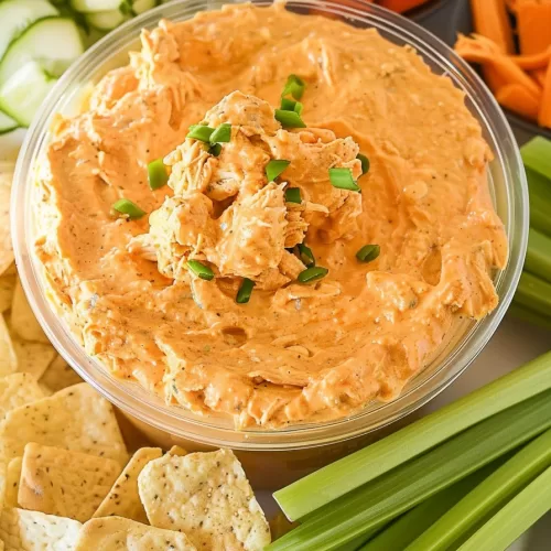 A creamy, tangy Buffalo Chicken Dip in a serving bowl, with chips and sliced cucumbers arranged for a party appetizer spread.