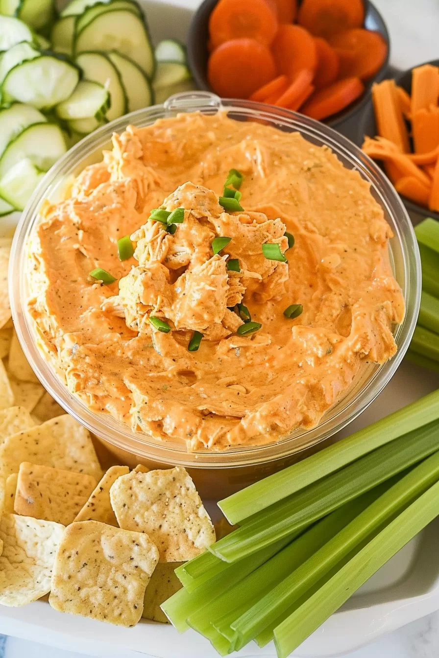 A creamy, tangy Buffalo Chicken Dip in a serving bowl, with chips and sliced cucumbers arranged for a party appetizer spread.