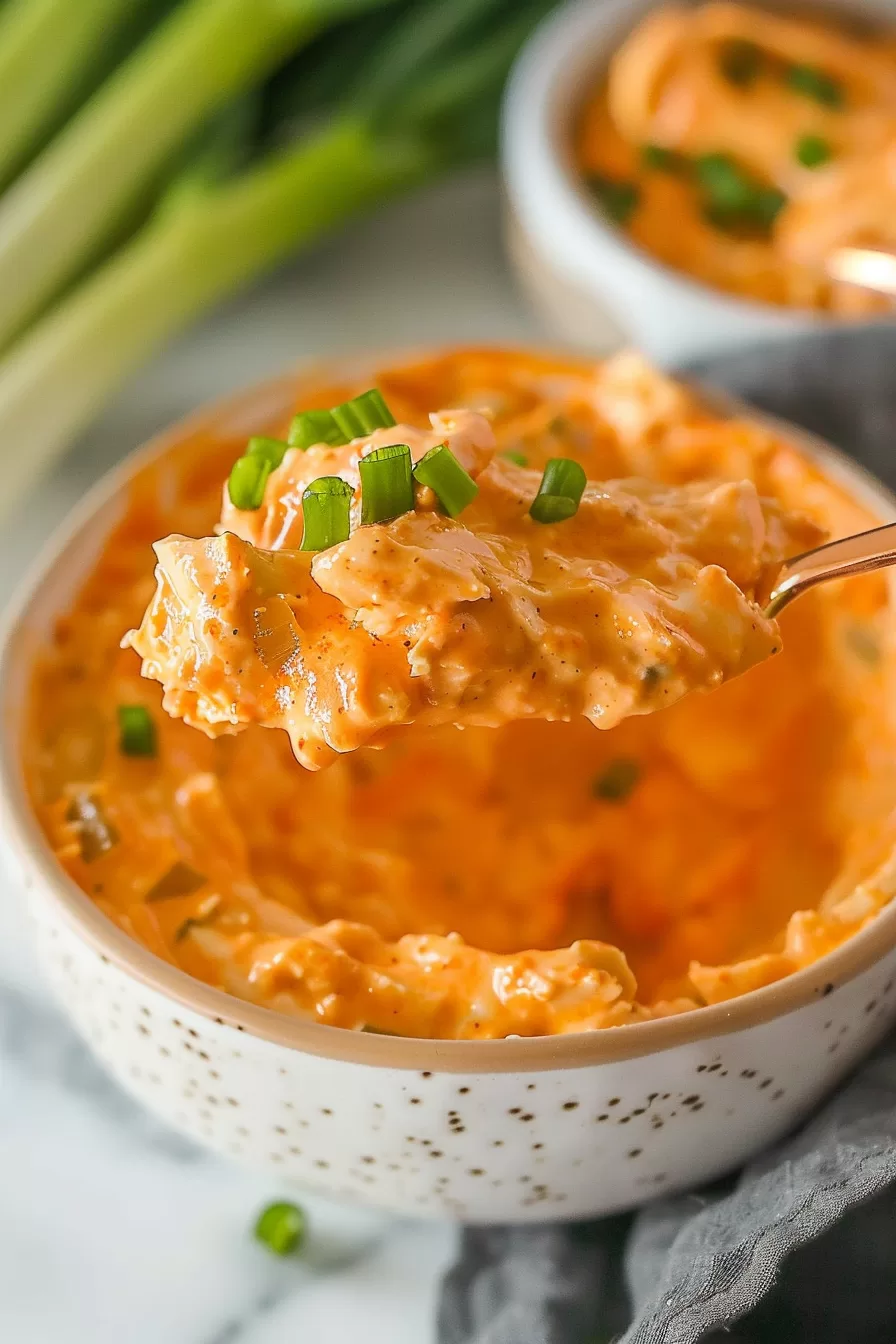 Bubbly, golden Buffalo Chicken Dip fresh from the oven with a cheesy top, ready to be served with crunchy celery sticks.