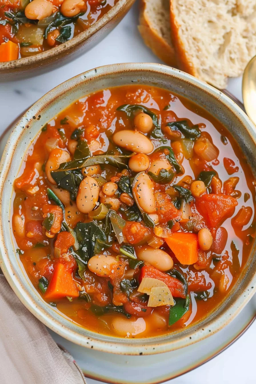 Close-up of a rustic butter bean stew filled with carrots, tomatoes, kale, and tender butter beans in a rich broth.