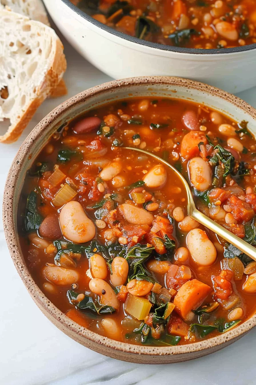 A bowl of hearty vegetable and butter bean stew garnished with fresh herbs, served with a side of crusty bread.