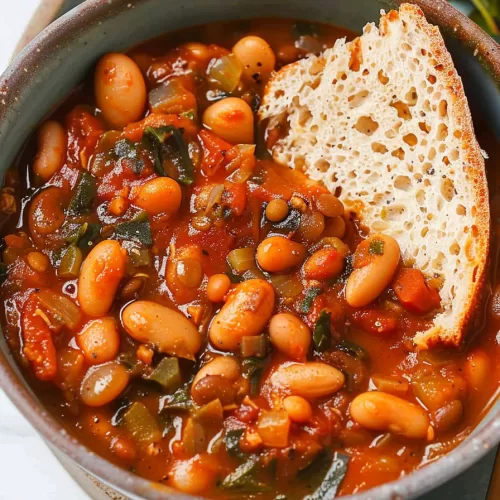 A serving of butter bean stew, brimming with beans, carrots, and greens, ready to be enjoyed with a slice of bread.