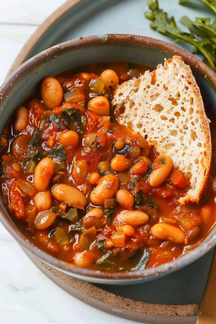 A serving of butter bean stew, brimming with beans, carrots, and greens, ready to be enjoyed with a slice of bread.