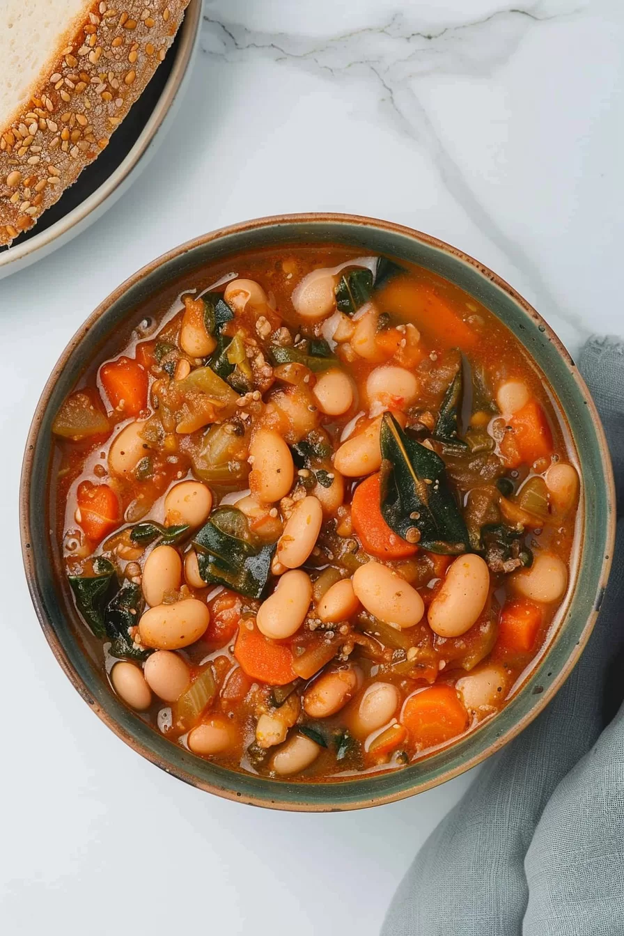 A simmering pot of homemade butter bean stew with a medley of vegetables, perfect for a comforting meal.