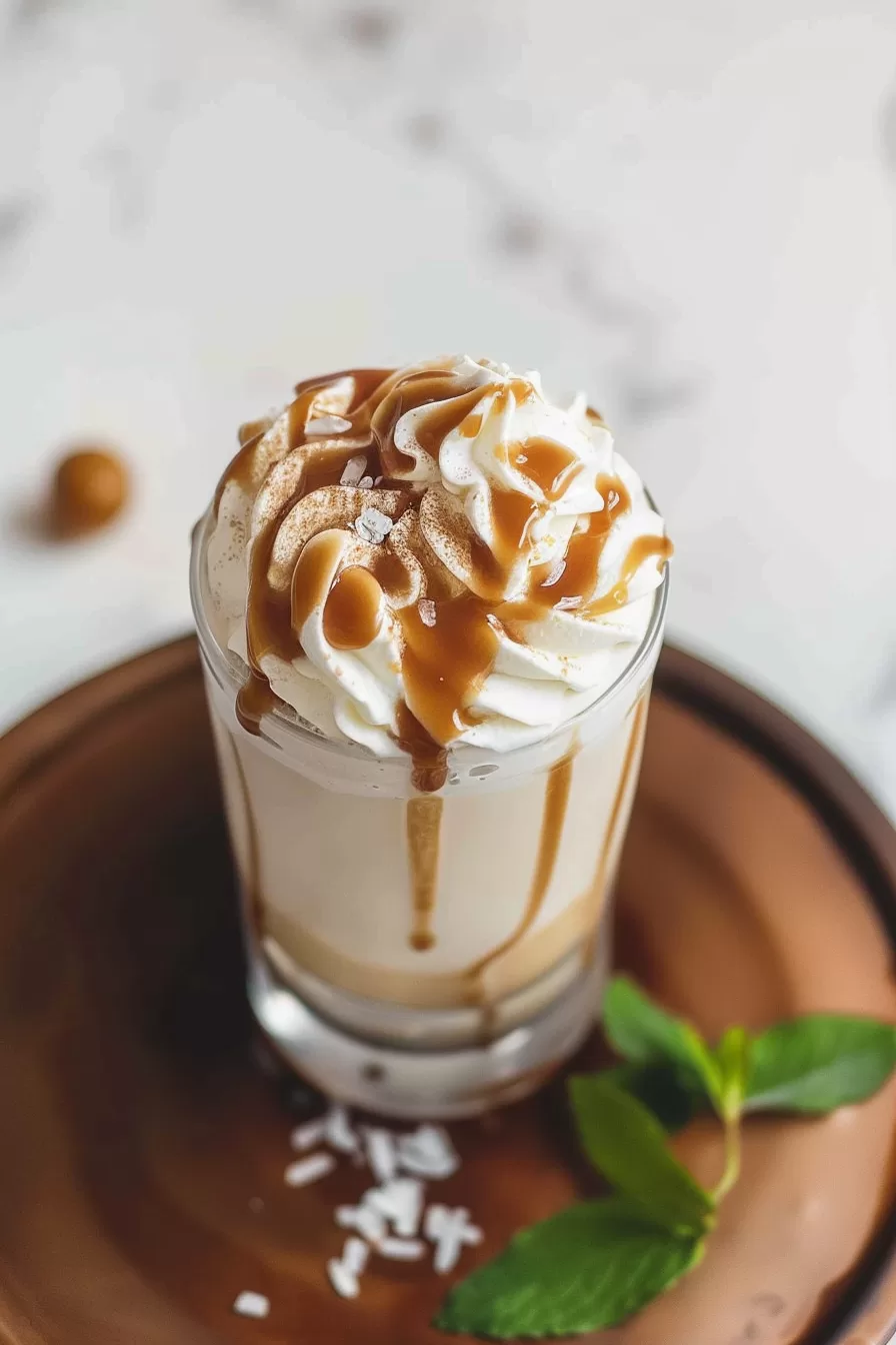 Close-up of a rich butterscotch milkshake with a caramel drizzle and a swirl of whipped cream, perfect for a sweet treat.