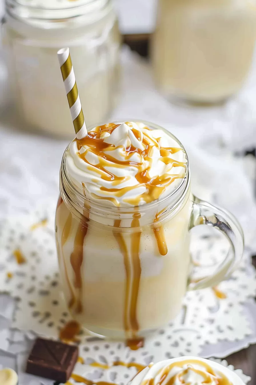 Frosty butterscotch milkshake garnished with caramel drizzle, whipped topping, and a striped straw, ready to sip.