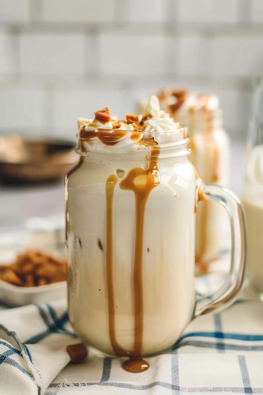 Glass jar filled with a smooth butterscotch shake, finished with whipped cream and caramel sauce running down the sides.