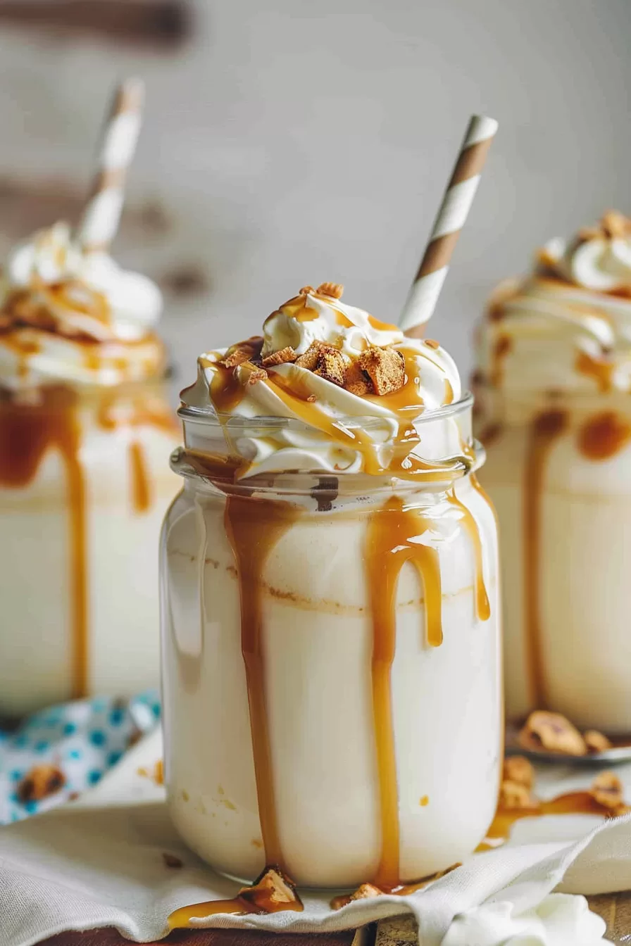 Decadent butterscotch shake in a jar, overfilled with whipped cream, caramel sauce, and a touch of crushed cookies.