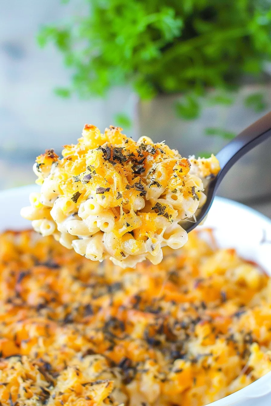 Close-up of a spoonful of creamy mac and cheese topped with crispy breadcrumbs and Cajun spices, ready to serve.