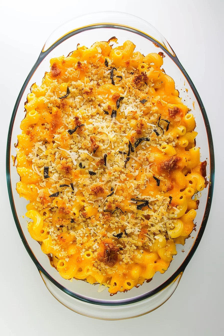 Overhead view of a baked dish of Cajun mac and cheese with golden breadcrumbs and melted cheese.