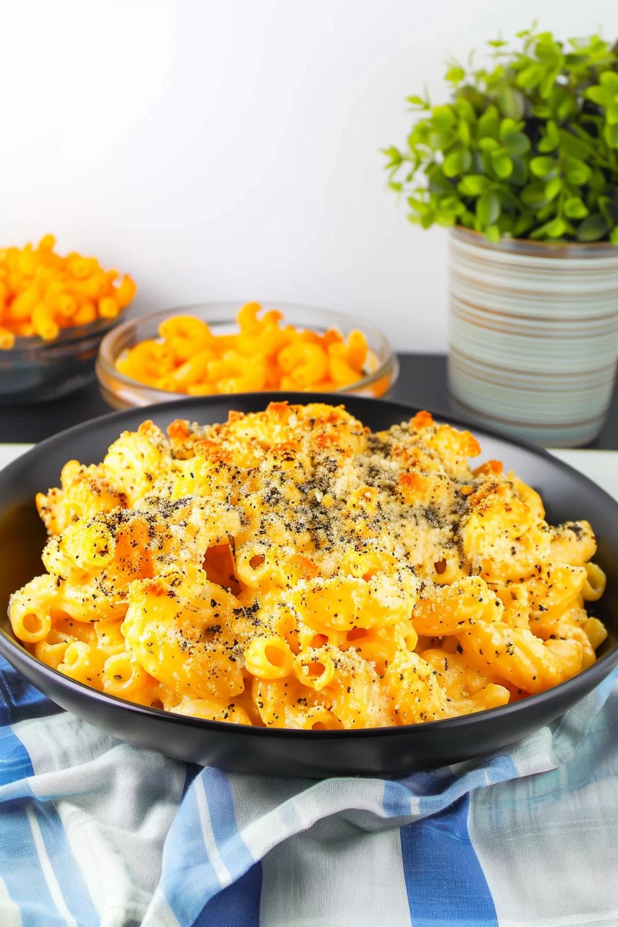 A plate of cheesy Cajun mac and cheese with a garnish of fresh herbs, served against a casual kitchen backdrop.