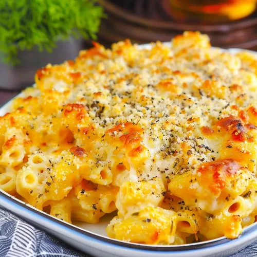 Side view of a casserole dish featuring bubbling, golden-brown Cajun mac and cheese fresh from the oven.