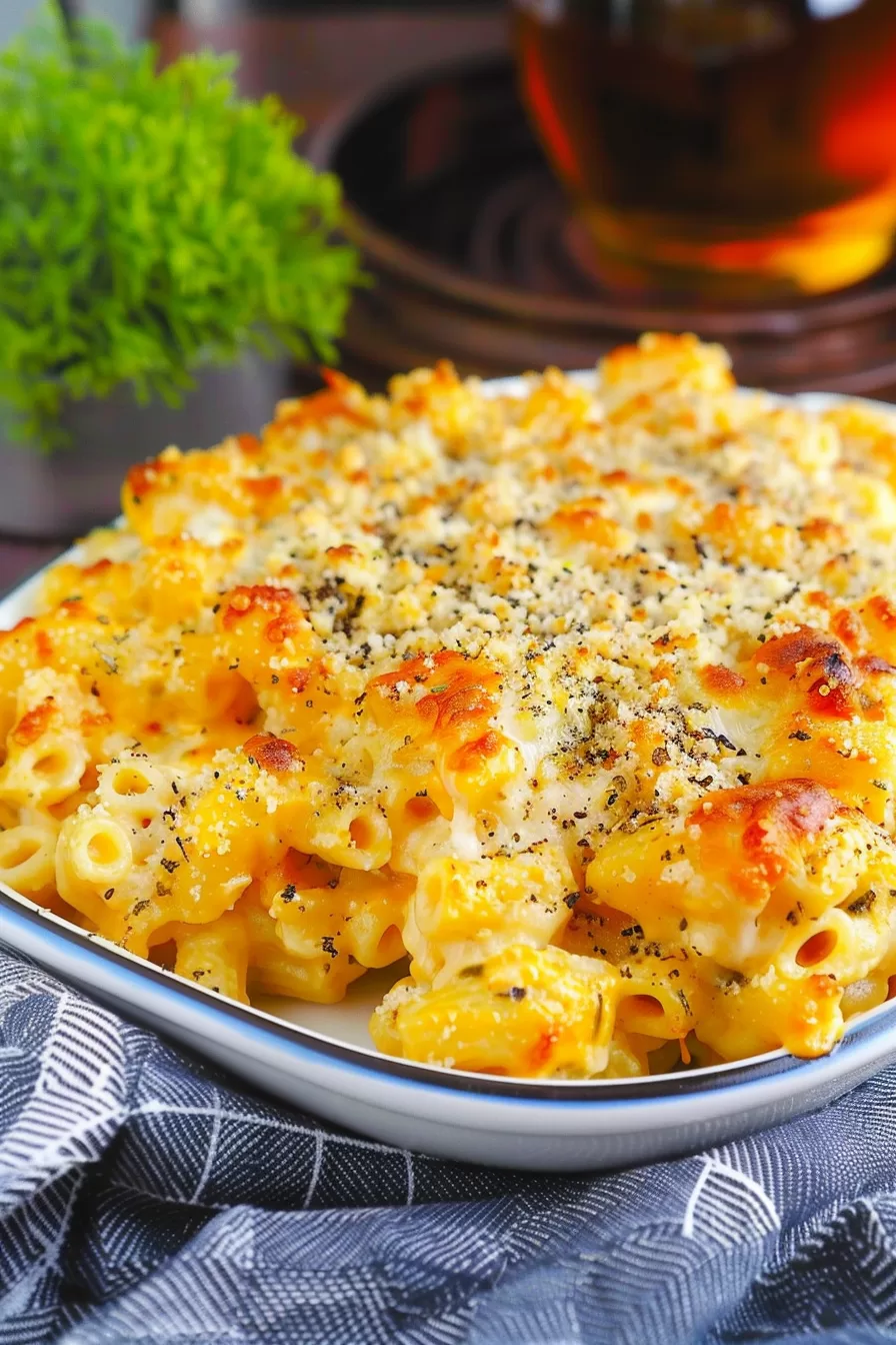 Side view of a casserole dish featuring bubbling, golden-brown Cajun mac and cheese fresh from the oven.