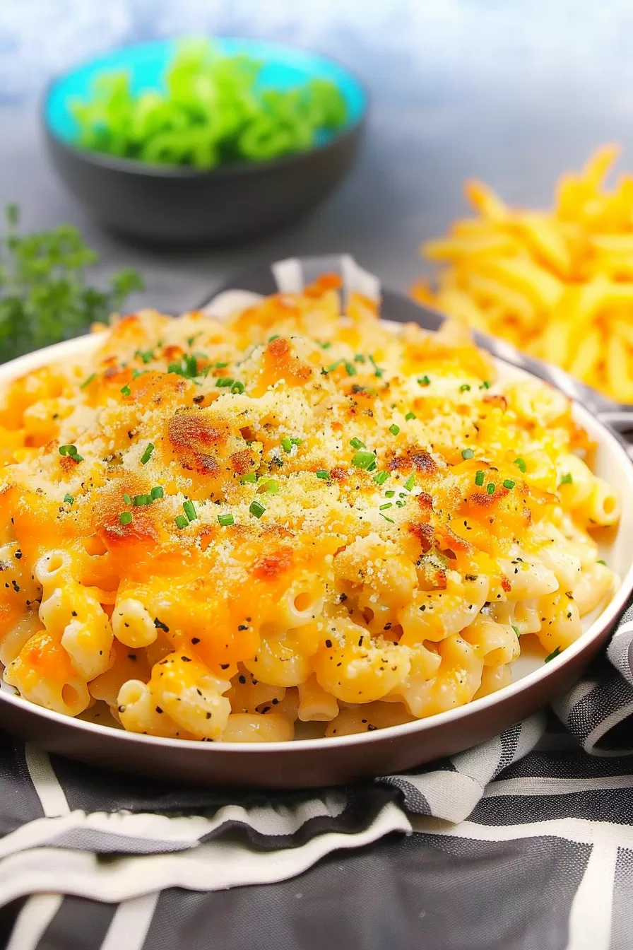 A hearty serving of Cajun mac and cheese on a plate, surrounded by fresh parsley and rustic table settings.