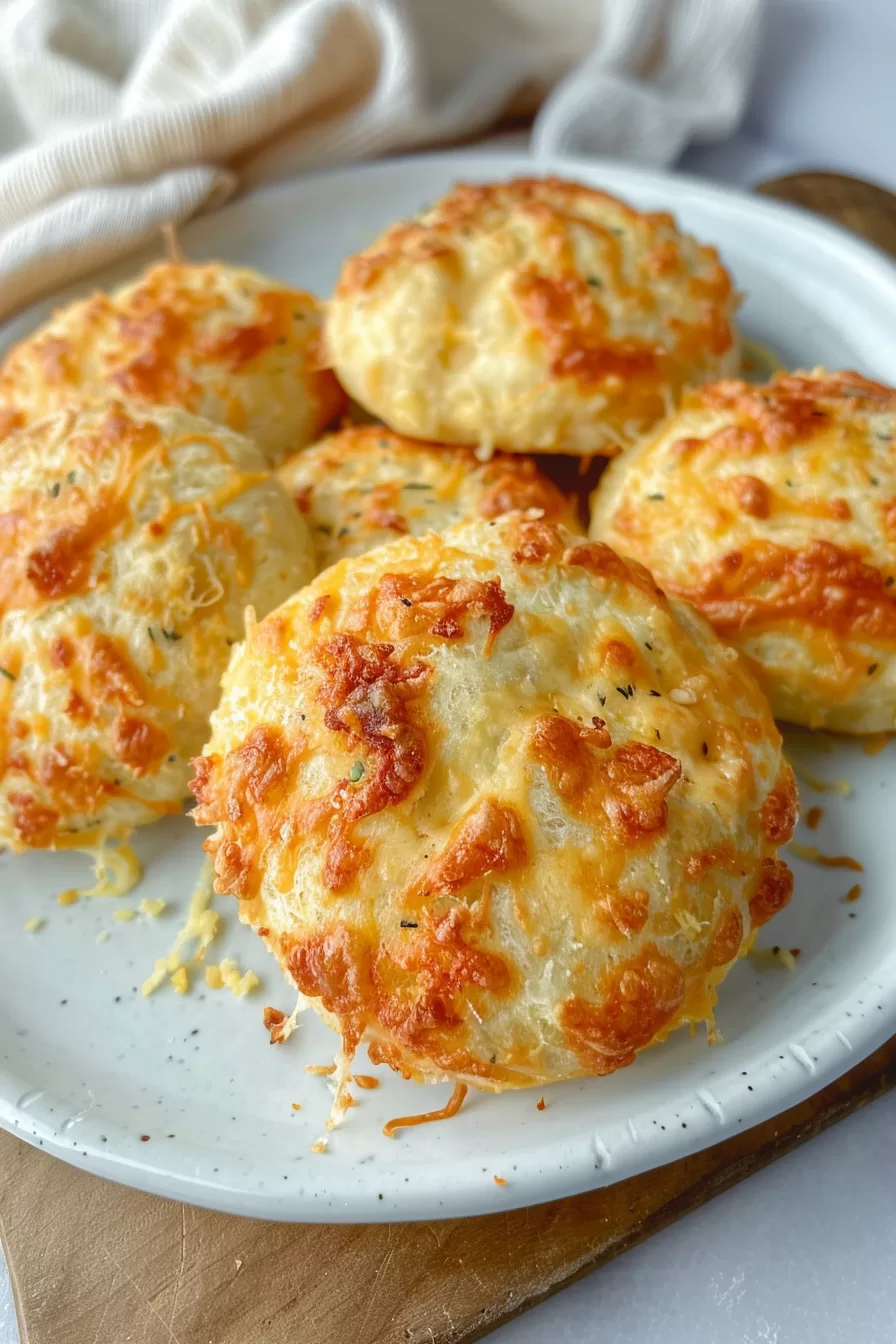 Golden cheese buns with a crisp, cheesy topping displayed on a white plate.