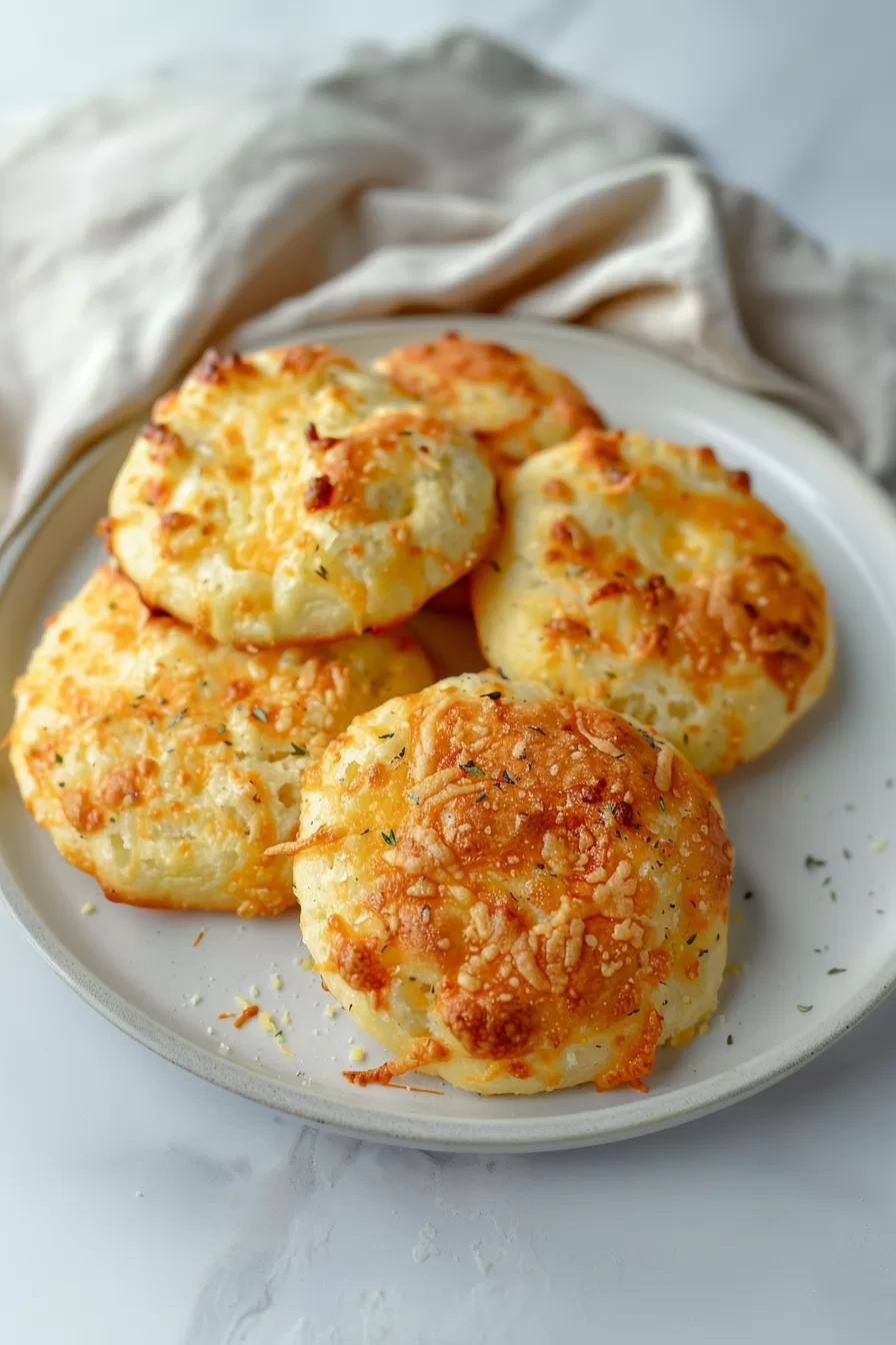 Soft and airy cheese buns with a perfectly browned crust, arranged on a ceramic plate.