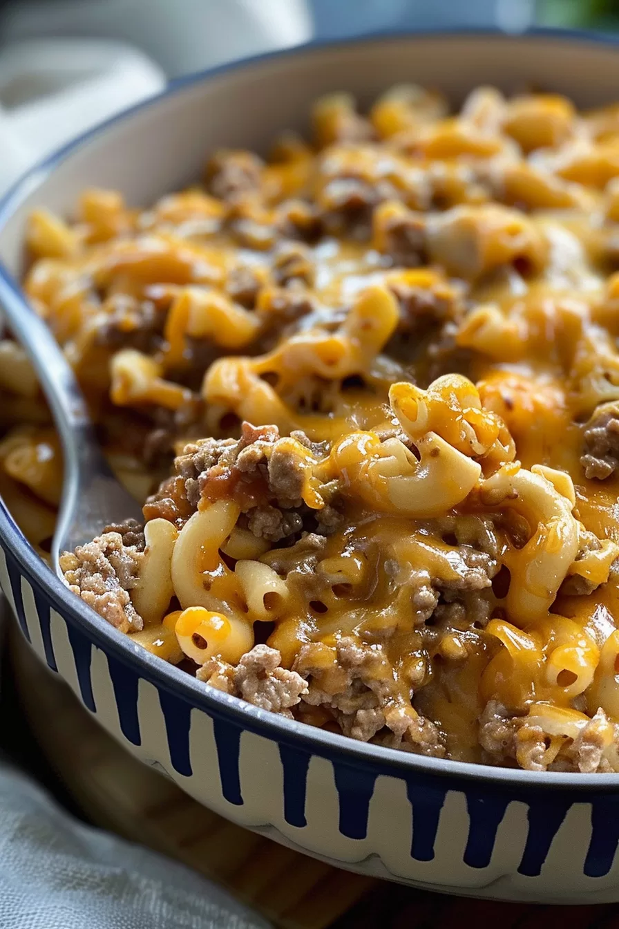 Close-up of homemade cheesy hamburger macaroni with ground beef and melted cheese, served in a ceramic bowl.