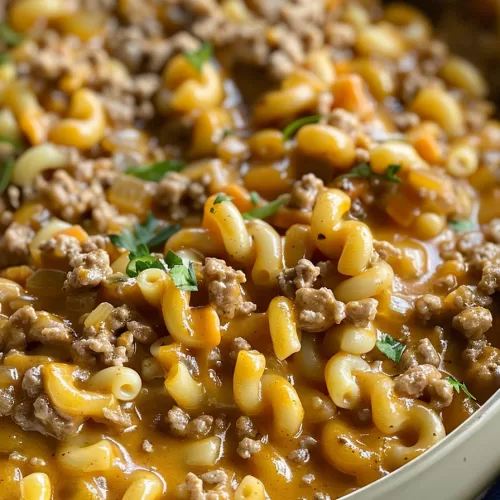 A hearty serving of cheesy hamburger macaroni with ground beef and pasta coated in a creamy cheese sauce, garnished with fresh herbs.