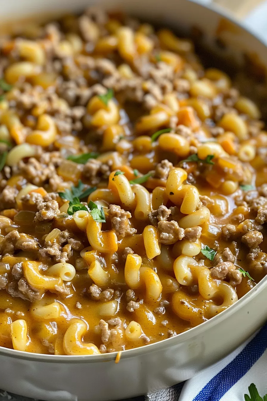 A hearty serving of cheesy hamburger macaroni with ground beef and pasta coated in a creamy cheese sauce, garnished with fresh herbs.