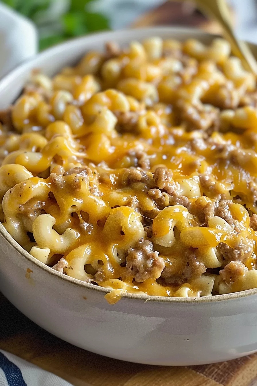 A casserole dish filled with baked cheesy hamburger pasta, with gooey melted cheese on top and browned beef peeking through.