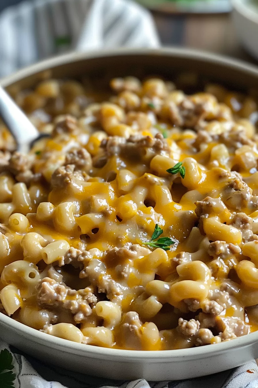 A pot of cheesy hamburger macaroni with tender pasta shells, seasoned beef, and melted cheddar cheese.