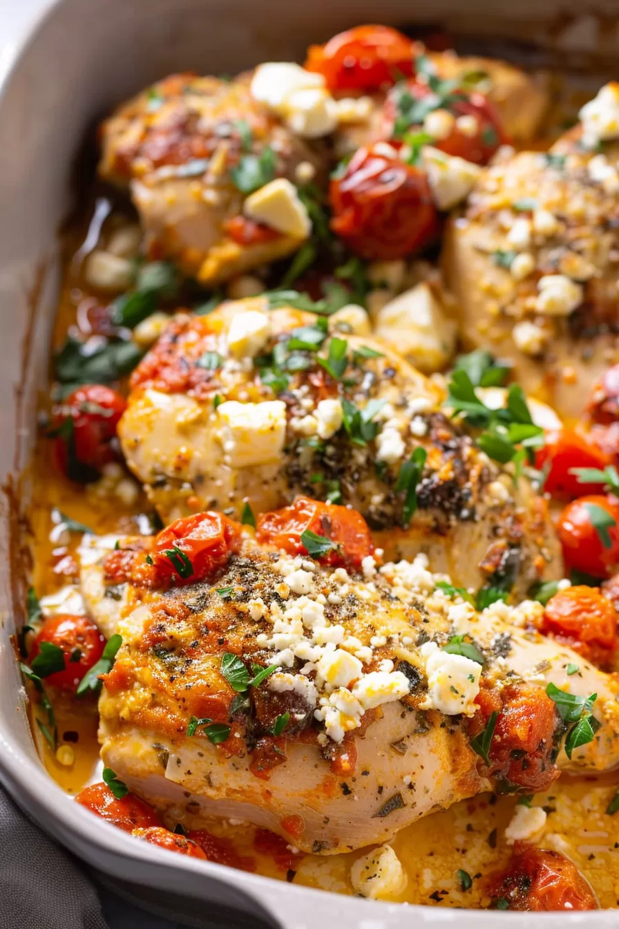 Close-up of a baked chicken breast topped with crumbled feta cheese, roasted cherry tomatoes, and fresh herbs, with a golden brown finish.