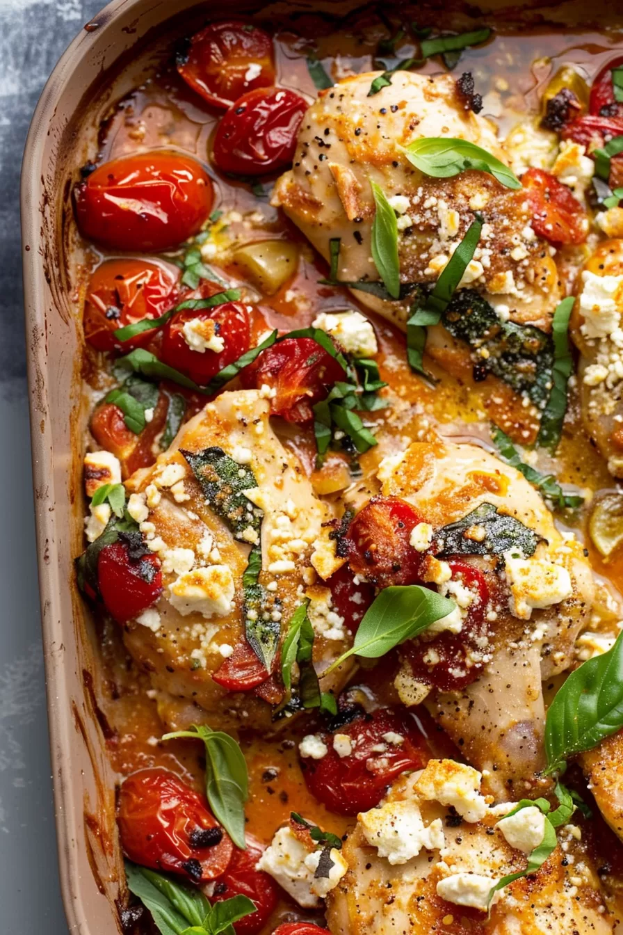 A baking dish filled with chicken pieces, melted feta, and blistered cherry tomatoes, garnished with fresh basil.