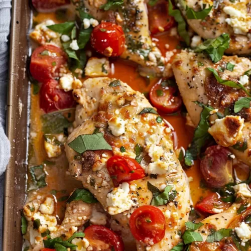 Golden baked chicken breast with roasted tomatoes and feta cheese, finished with a sprinkle of black pepper and fresh parsley.