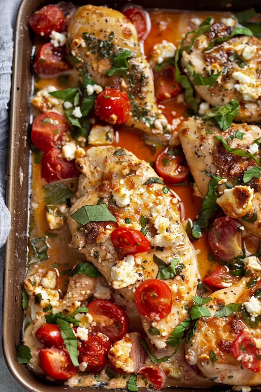 Golden baked chicken breast with roasted tomatoes and feta cheese, finished with a sprinkle of black pepper and fresh parsley.