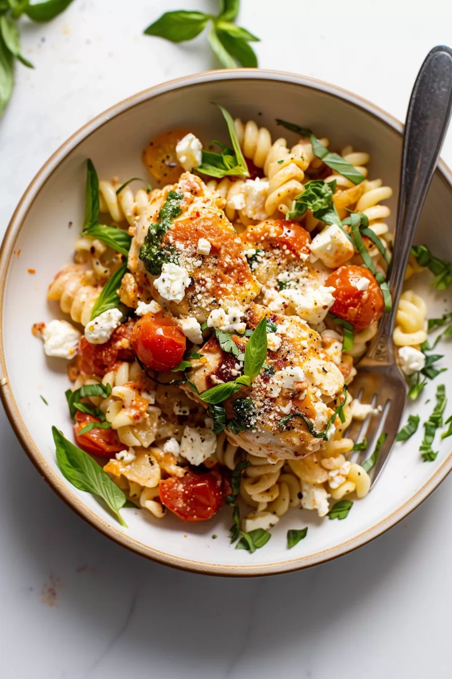 Chicken and tomato bake with feta crumbles and herbs, served with pasta for a complete meal presentation.