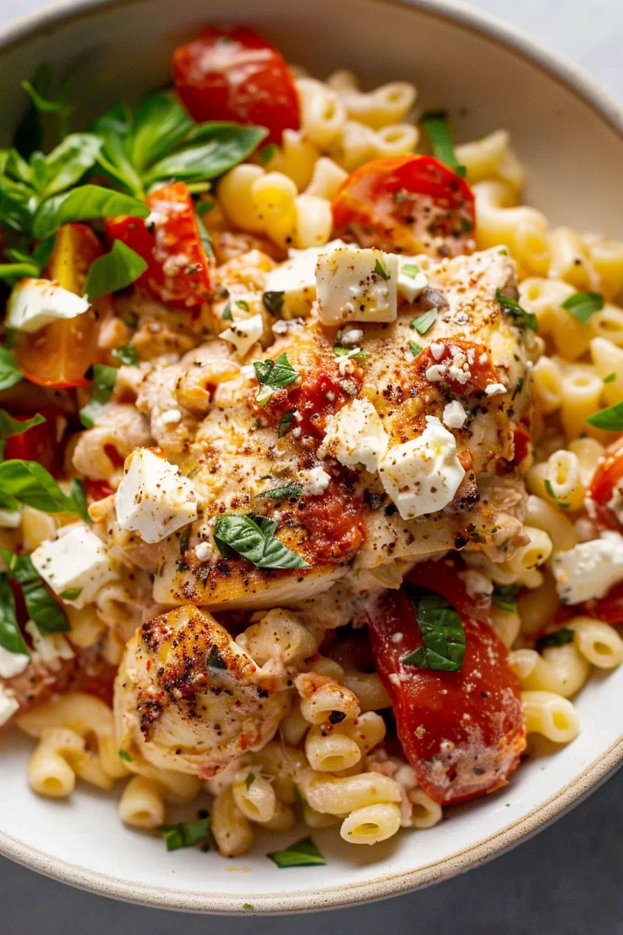 A serving of baked chicken with creamy feta, fresh basil, and roasted tomatoes in a white dish, highlighting the textures and colors.