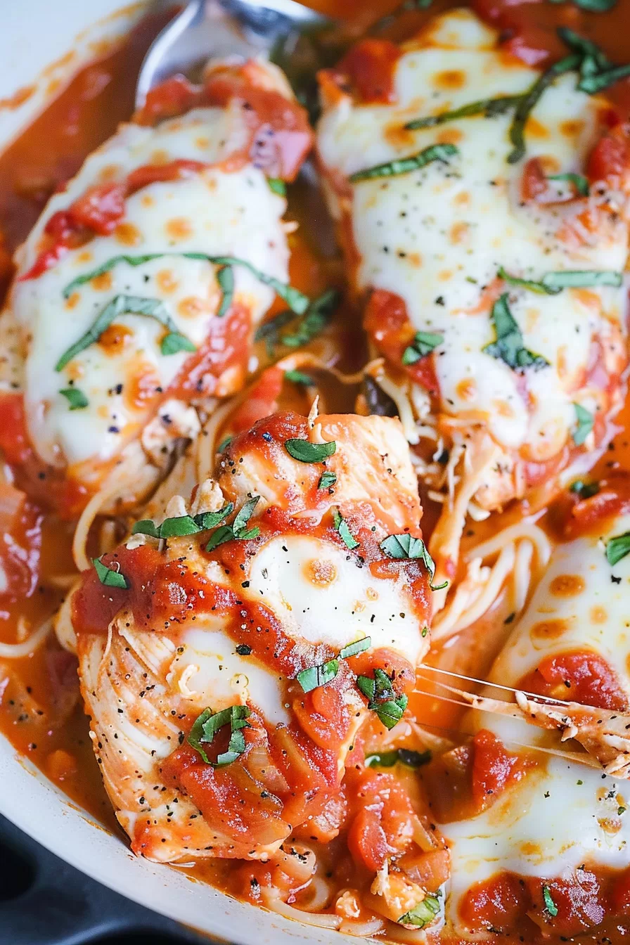 Close-up of a skillet filled with chicken smothered in tomato sauce, melted mozzarella, and fresh basil.