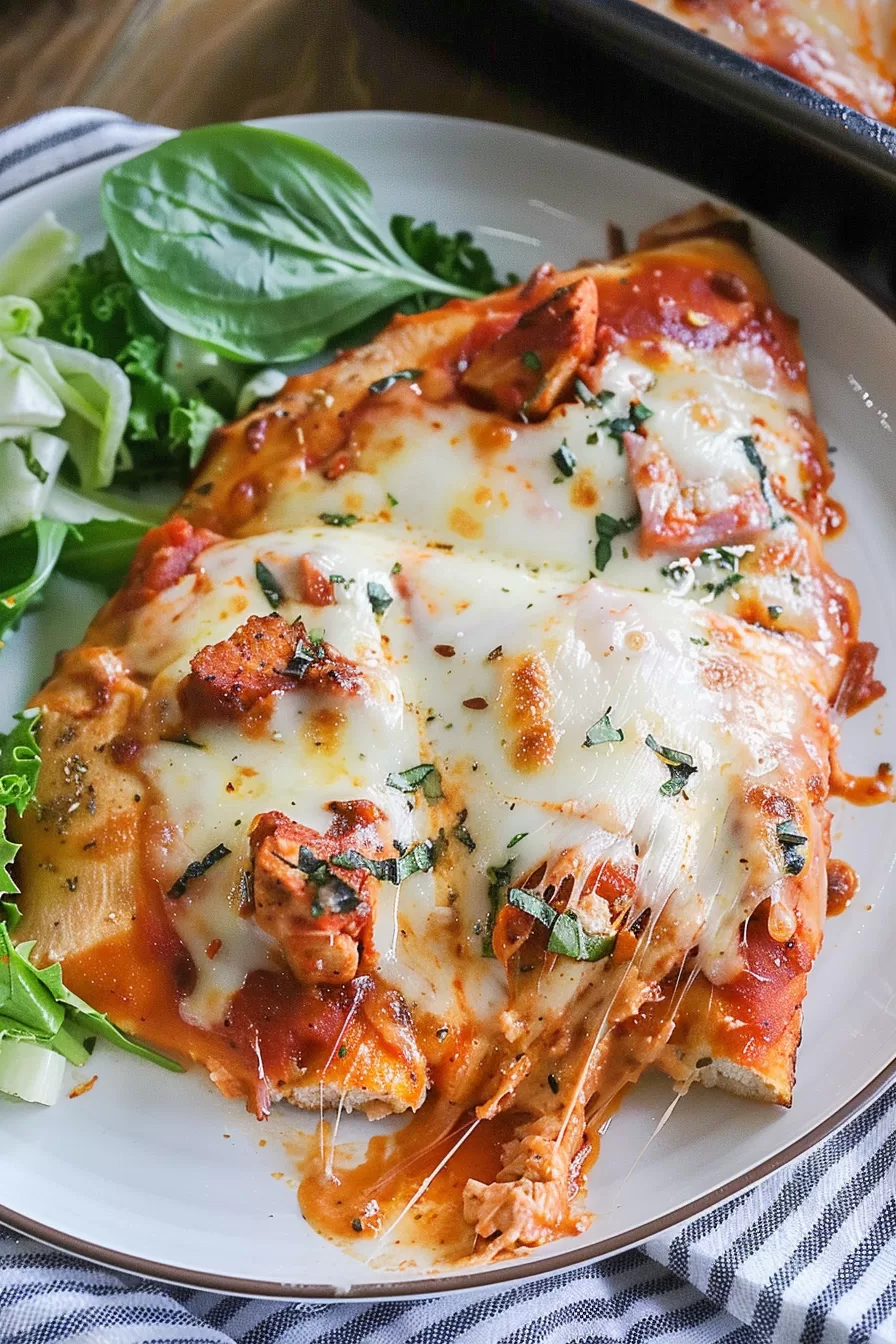 A serving of cheesy Chicken Pizzaiola on a white plate with a fresh side salad and extra sauce.