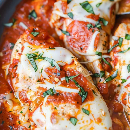 Juicy chicken breasts in marinara sauce, topped with melted mozzarella and garnished with chopped basil.