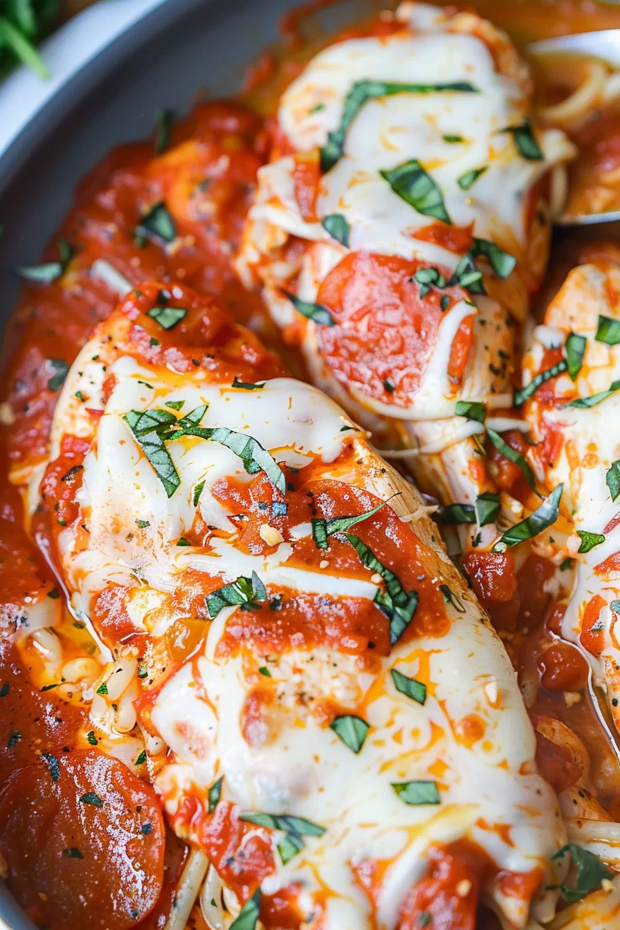 Juicy chicken breasts in marinara sauce, topped with melted mozzarella and garnished with chopped basil.