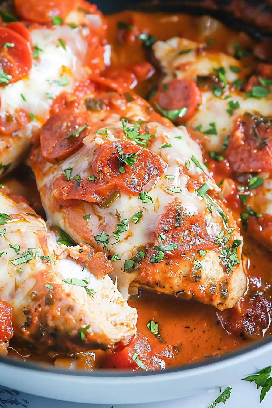 Baked chicken covered in marinara sauce and melted mozzarella, sprinkled with herbs and served hot.