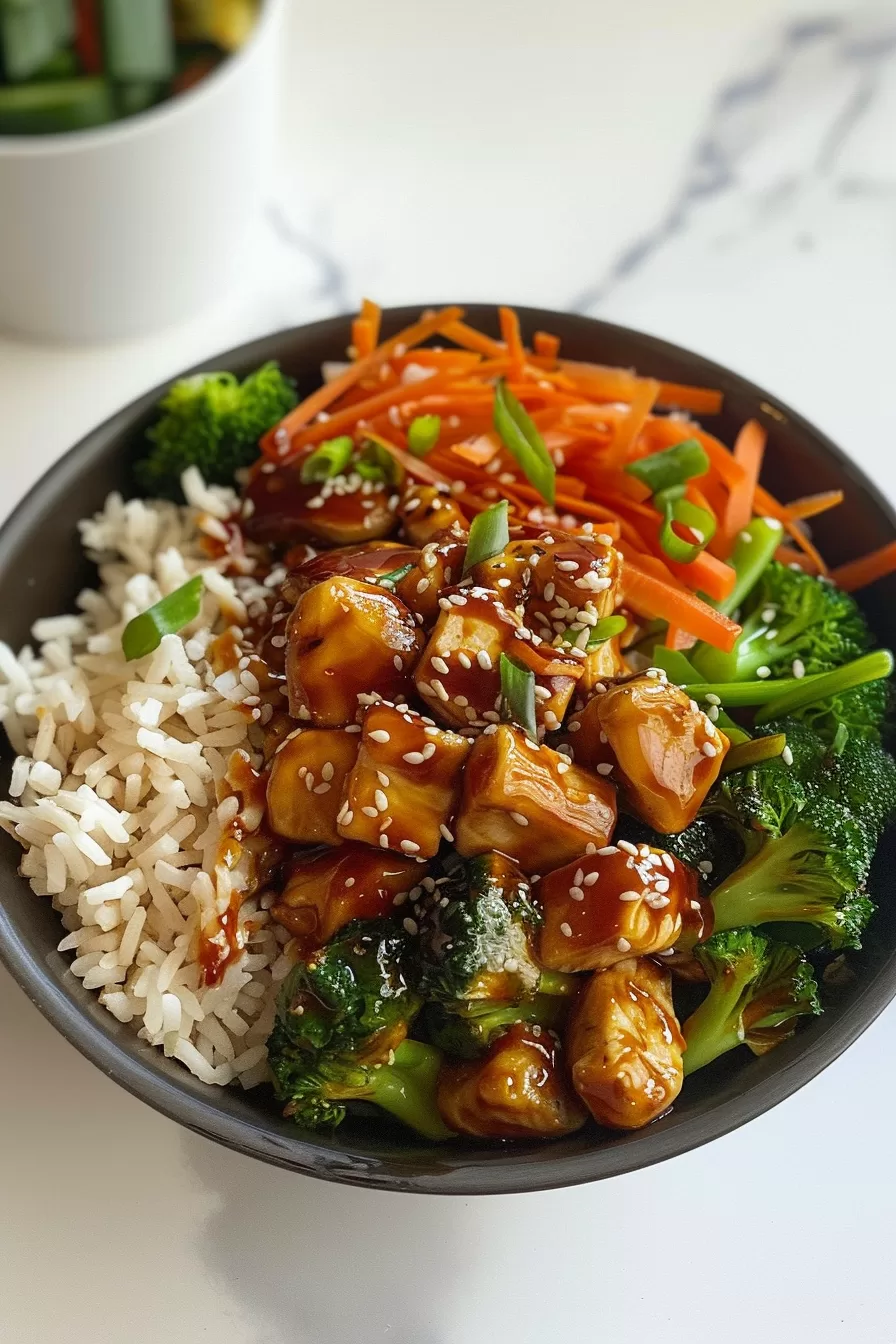 A vibrant chicken teriyaki bowl featuring tender chicken bites coated in teriyaki sauce, served with fresh vegetables and jasmine rice in a ceramic bowl.