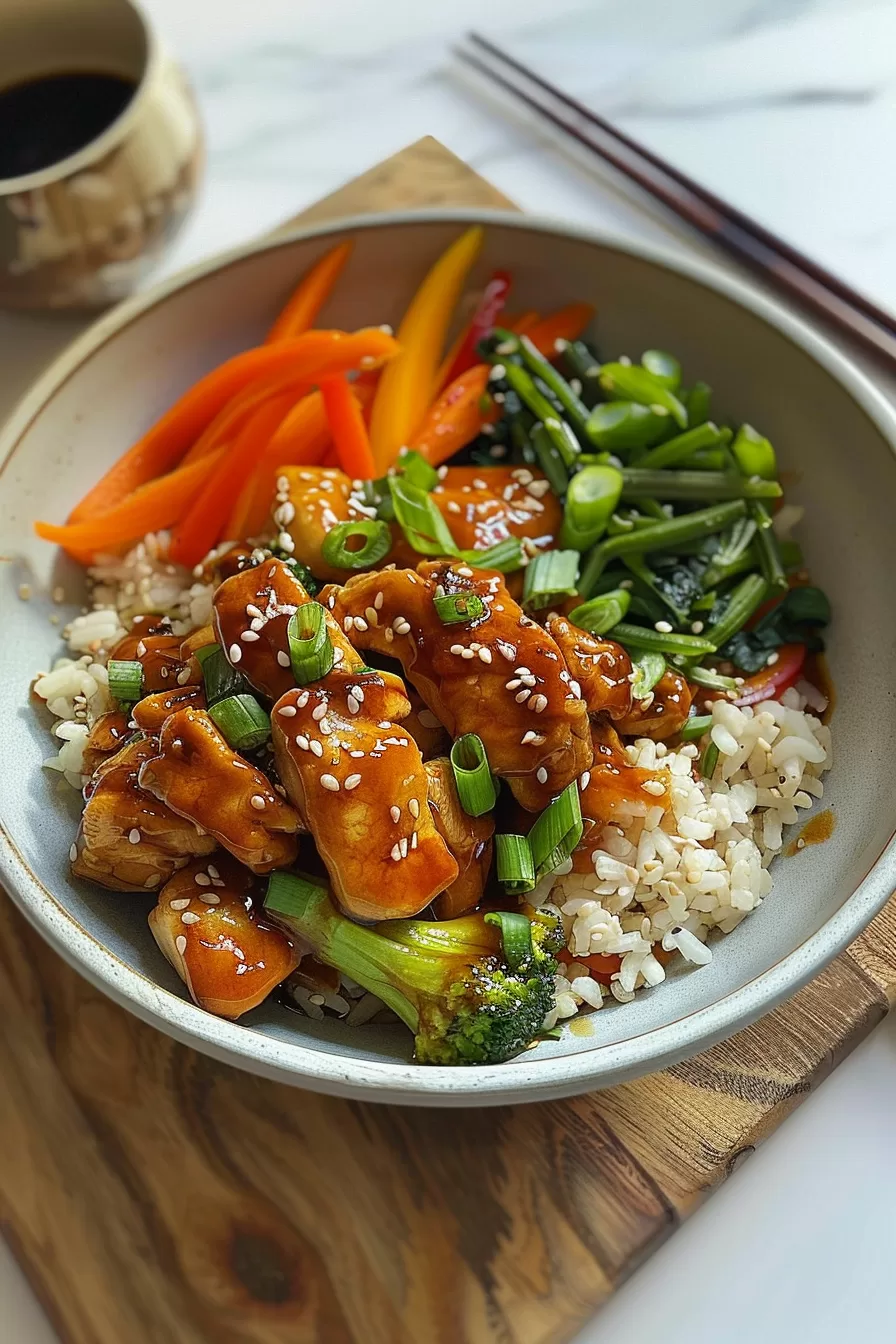 Chicken teriyaki bowl filled with saucy chicken, broccoli, julienned carrots, and fluffy white rice, sprinkled with sesame seeds and sliced green onions.