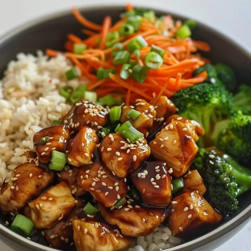 Hearty chicken teriyaki bowl with juicy glazed chicken, rice, and colorful vegetables, served with a garnish of sesame seeds and scallions.