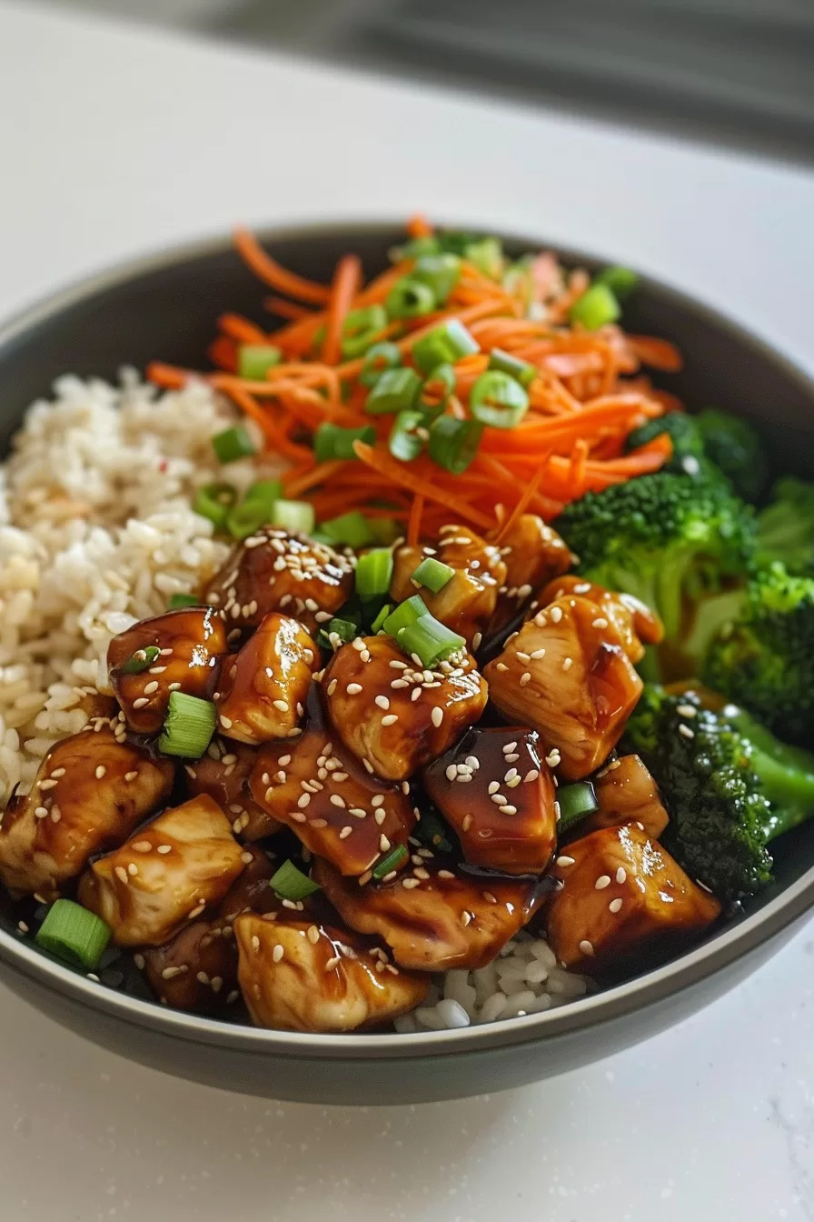 Hearty chicken teriyaki bowl with juicy glazed chicken, rice, and colorful vegetables, served with a garnish of sesame seeds and scallions.