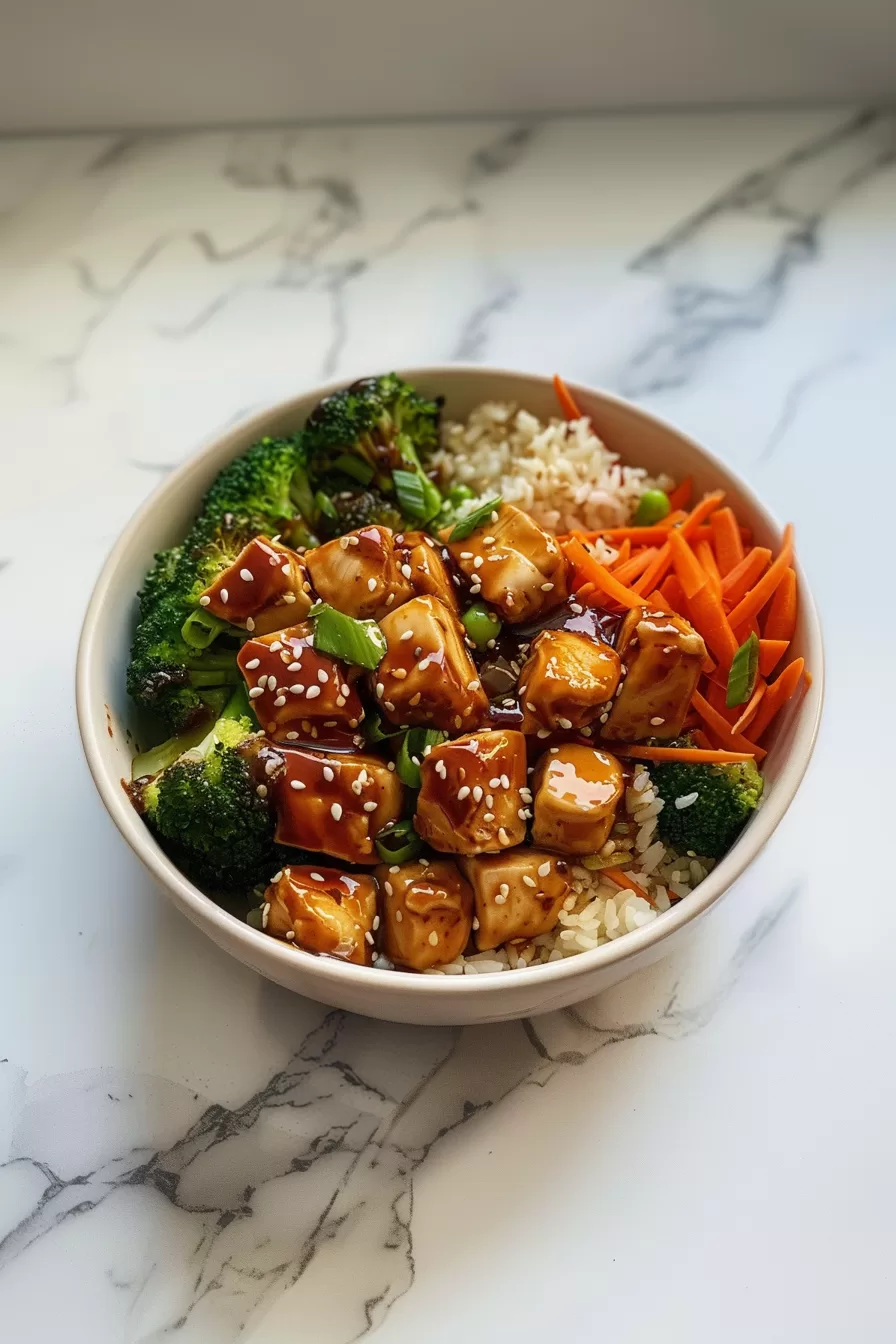 Overhead view of a chicken teriyaki bowl showcasing sticky teriyaki chicken pieces, crisp broccoli, and carrots over a bed of rice, garnished with sesame seeds.